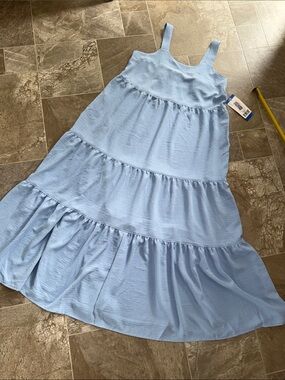 Black Bow Light periwinkle  Blue Tiered womans maxi Sundress with pockets Lg NWT